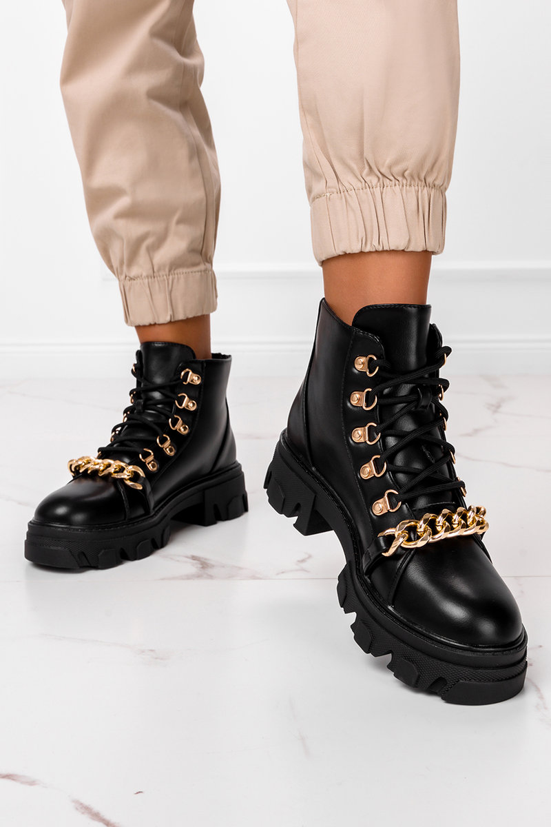 Czarne botki workery damskie ze złotym łańcuchem sznurowane Casu G22WX2-B-39
