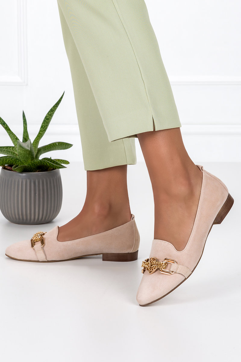 Beżowe lordsy skórzane ze złotą ozdobą PRODUKT POLSKI Casu 3038-41