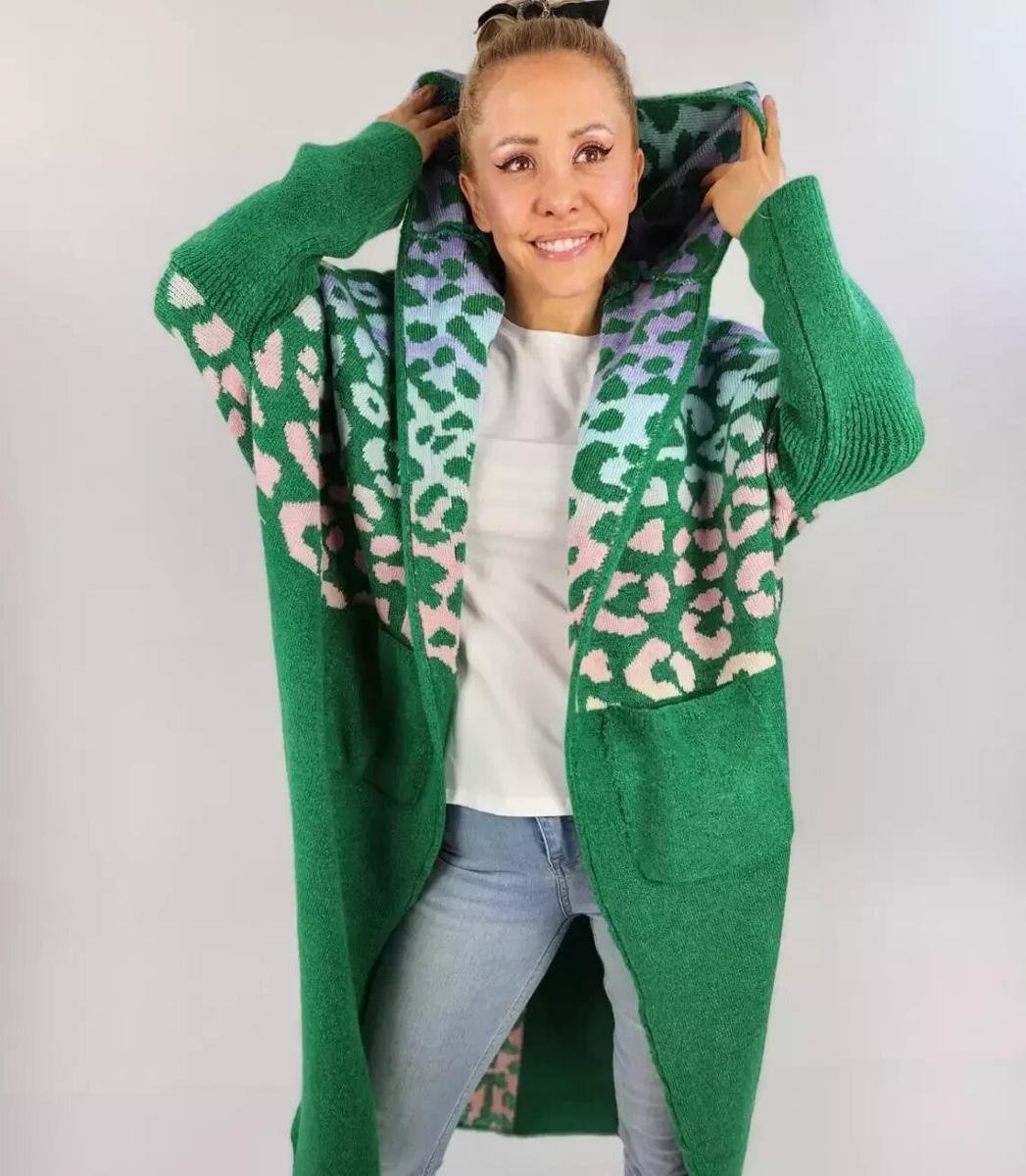 Długi kardigan sweter kolorowa panterka z wełną-L