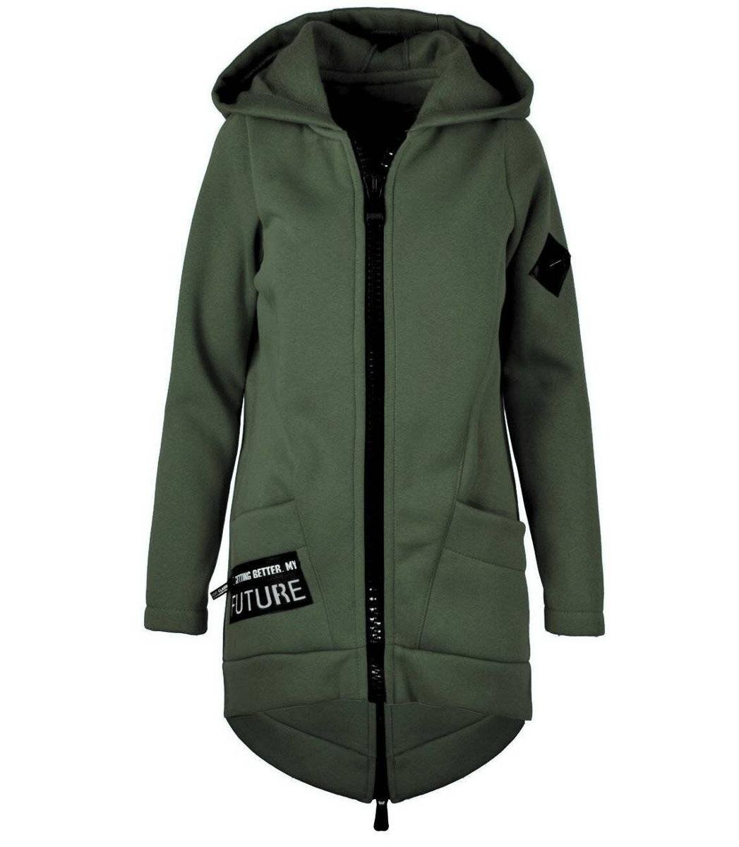 Długa bluza damska z kapturem parka gruba ciepła-XXL