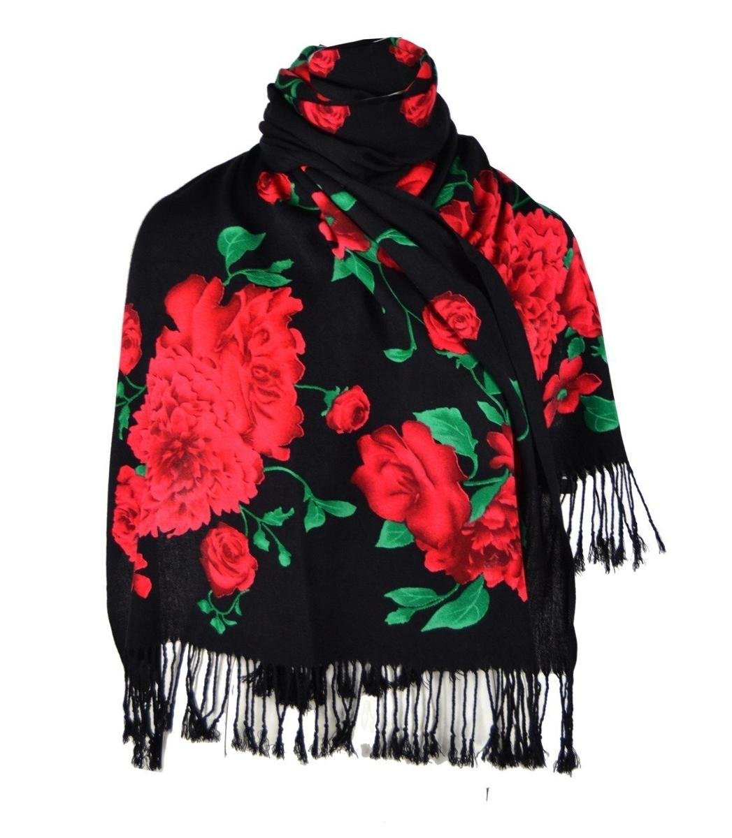 Piękny miękki elegancki szal w róże wzór folk