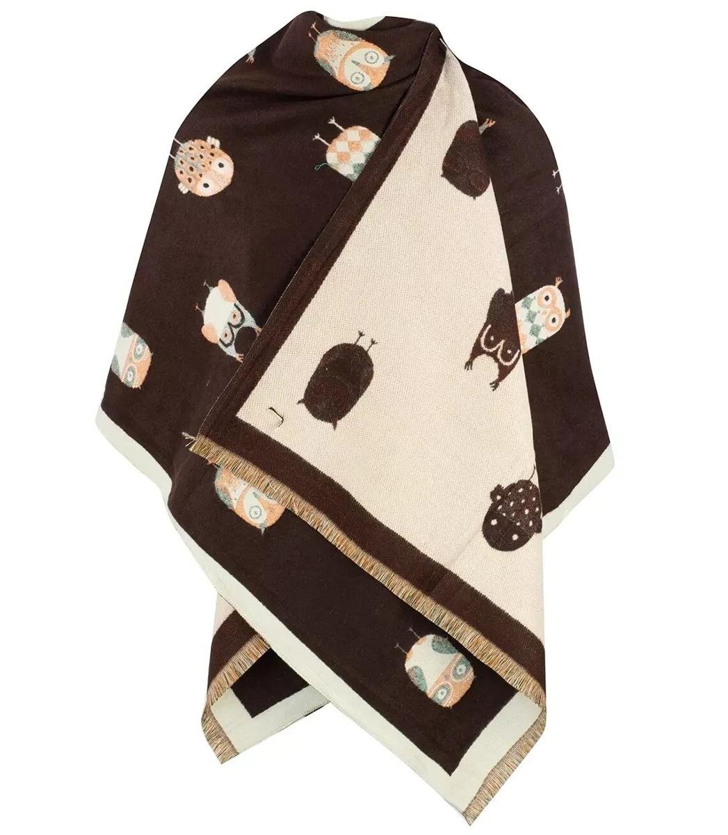 Ciepły szal szalik dwustronny sowy dzianina