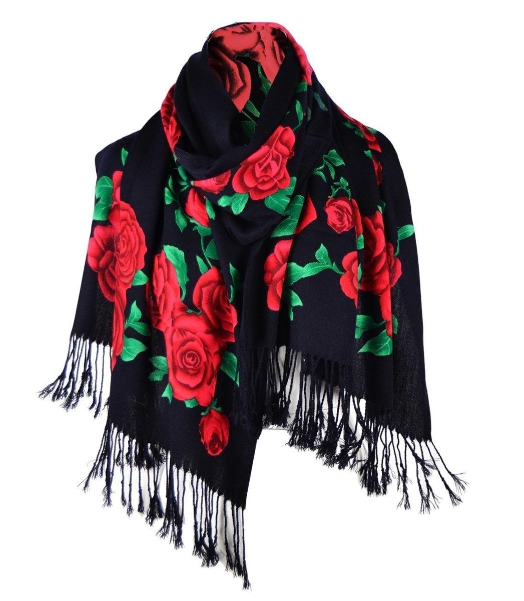 Piękny miękki elegancki szal w róże wzór folk