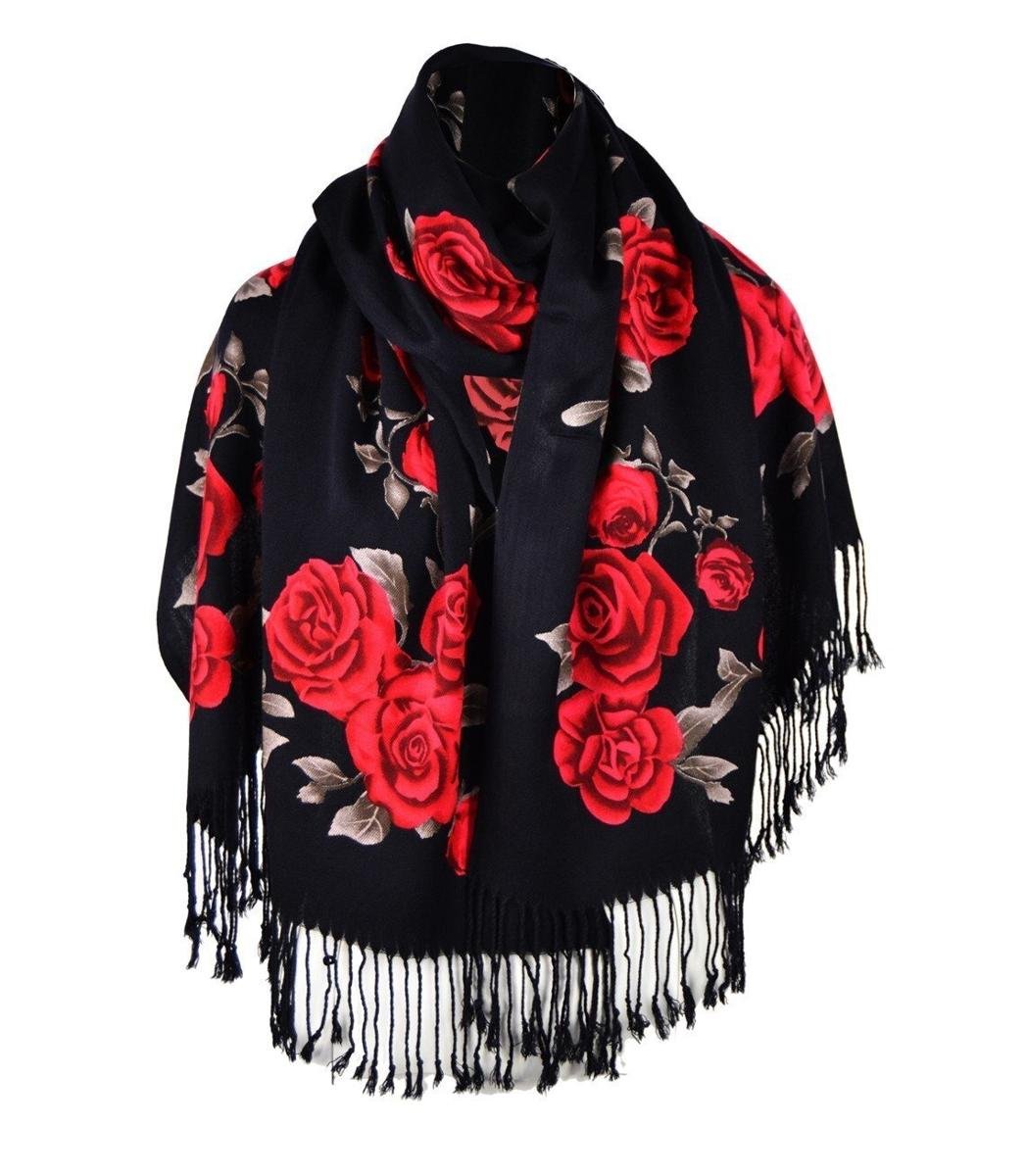 Piękny miękki elegancki szal w róże wzór folk