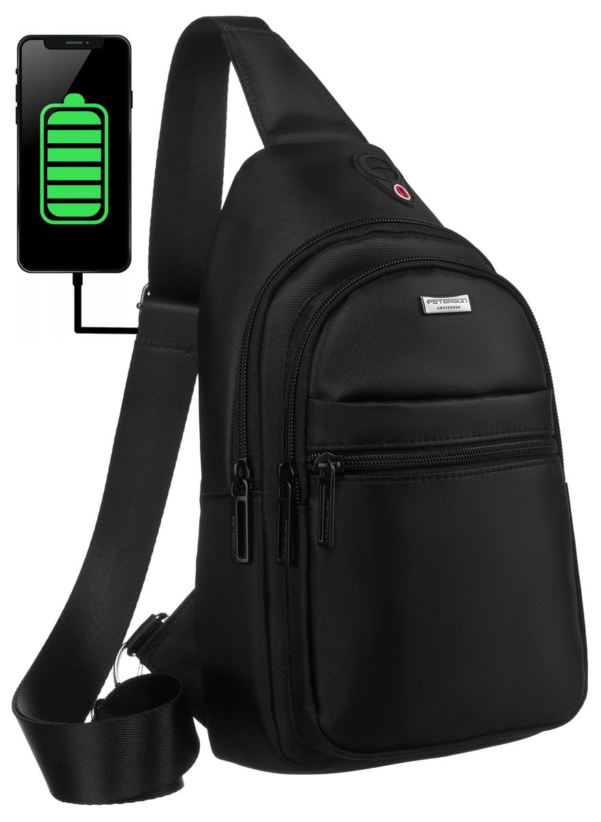 Torba męska na ramię z portem USB poliester Peterson, czarny