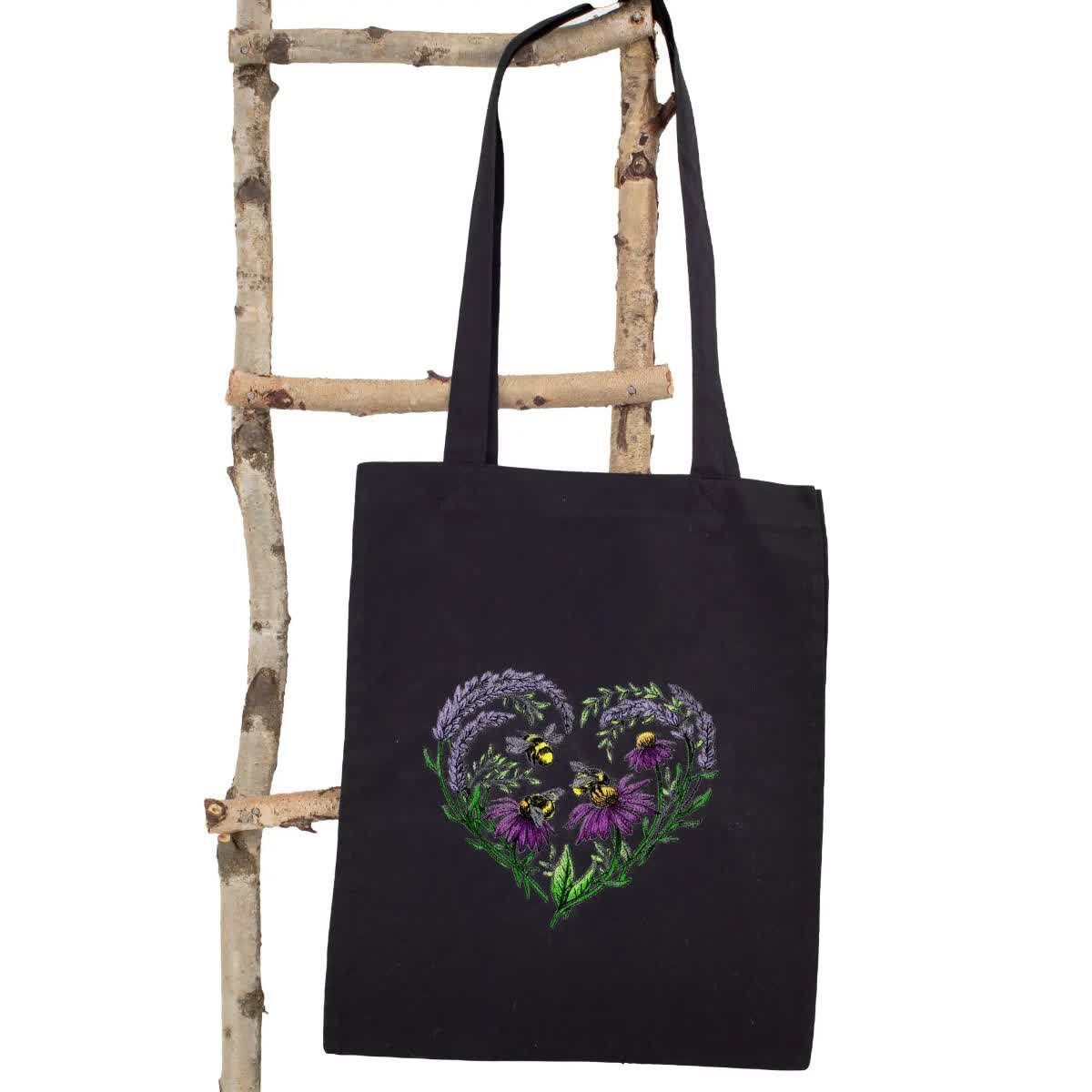 Torba bawełniana, czarna, zakupowa z haftem – lawendowe serce