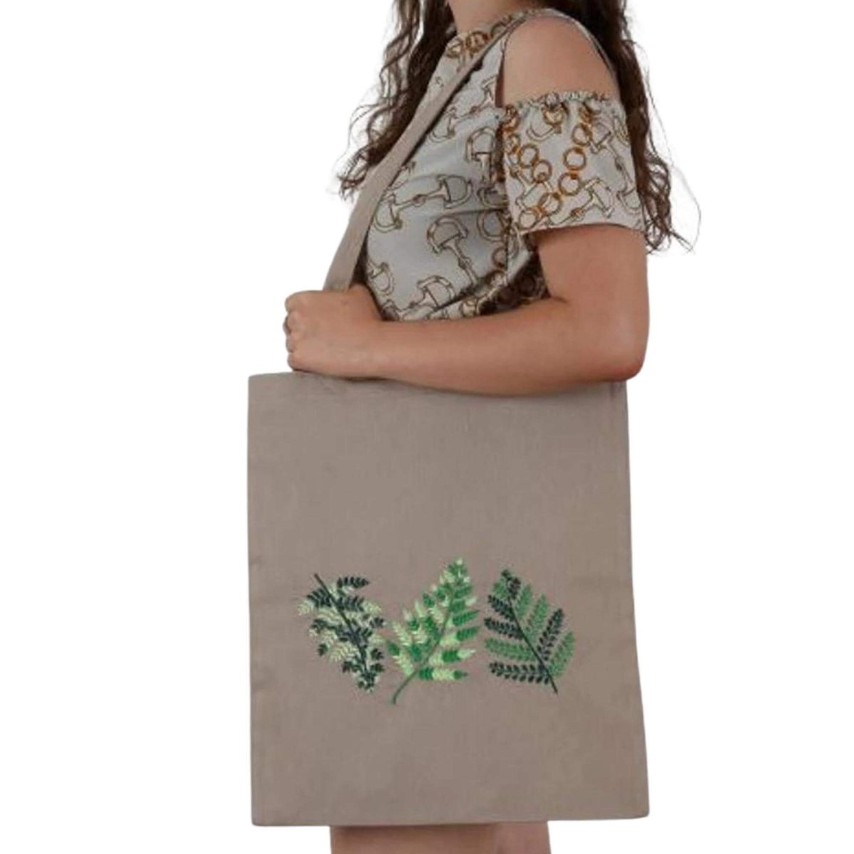 Torba bawełniana beżowa zakupowa z haftem – paprocie