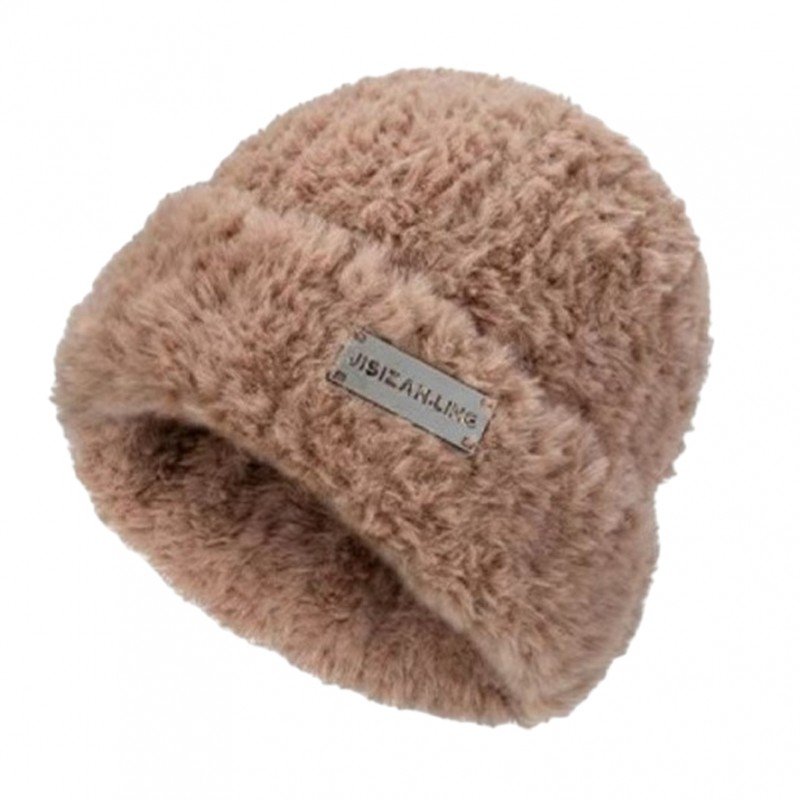 Czapka Zimowa Pluszowa, Miękka I Ciepła, Z Naszywką, Brąz Cz31Wz1
