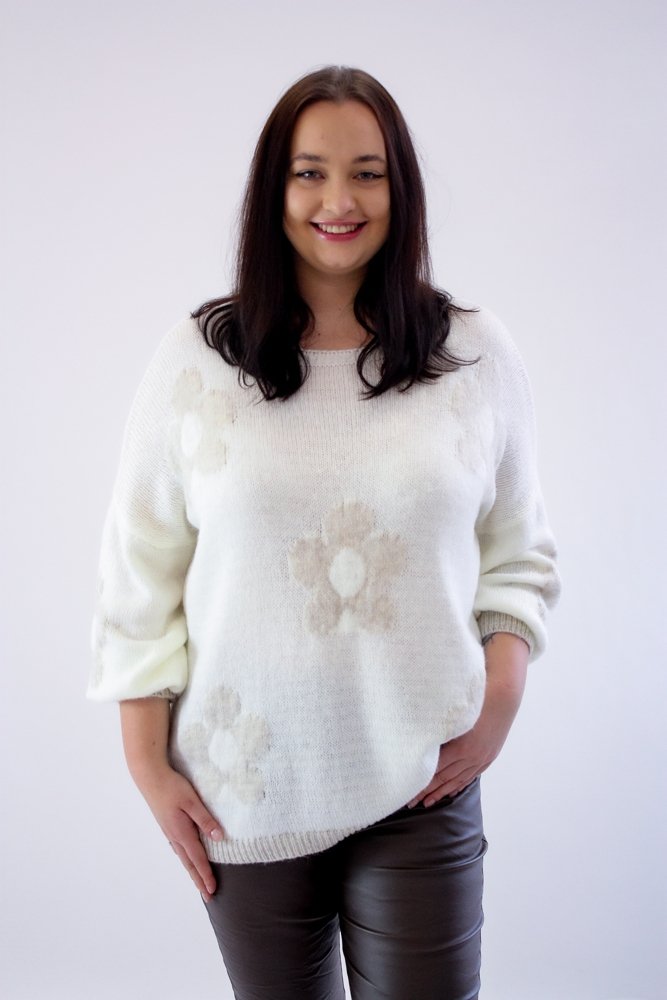 Sweter w Kwiatki z Bufiastymi Rękawami Kremowy UNI