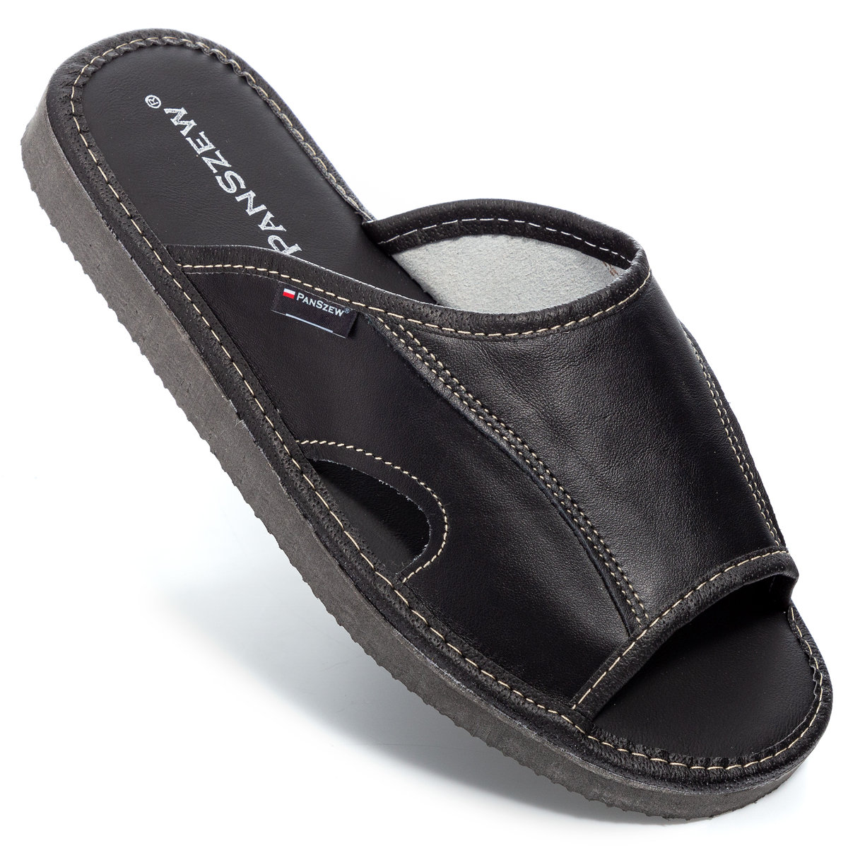 PanSzew Kapcie Męskie SKÓRZANE Odkryte Klapki Domowe KLASYCZNE Czarne Laczki 40-46
