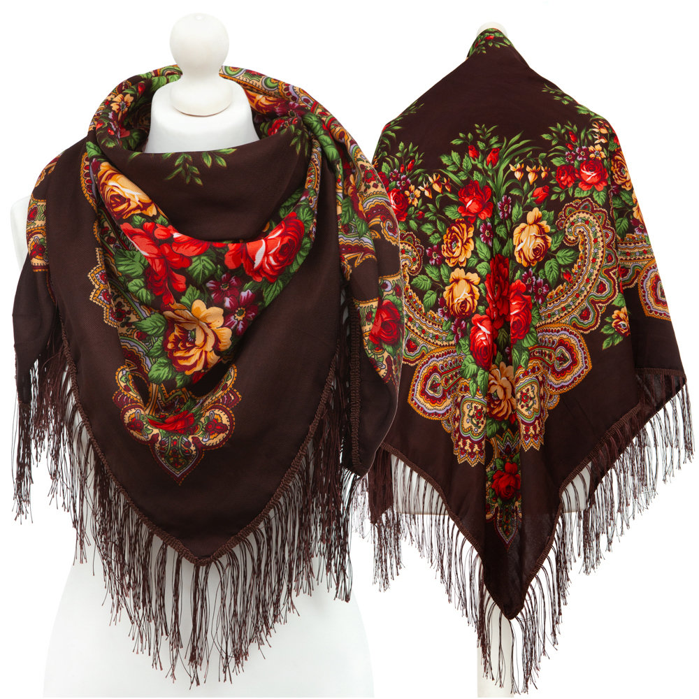 DUŻA DAMSKA CHUSTA FOLKOWA APASZKA LUDOWA GÓRALSKA FRĘDZLE ETNO KWIATY - CHU-9028-BRA