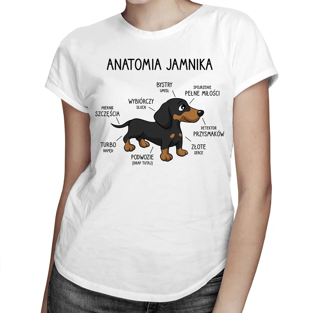 Anatomia jamnika - damska koszulka na prezent Biała