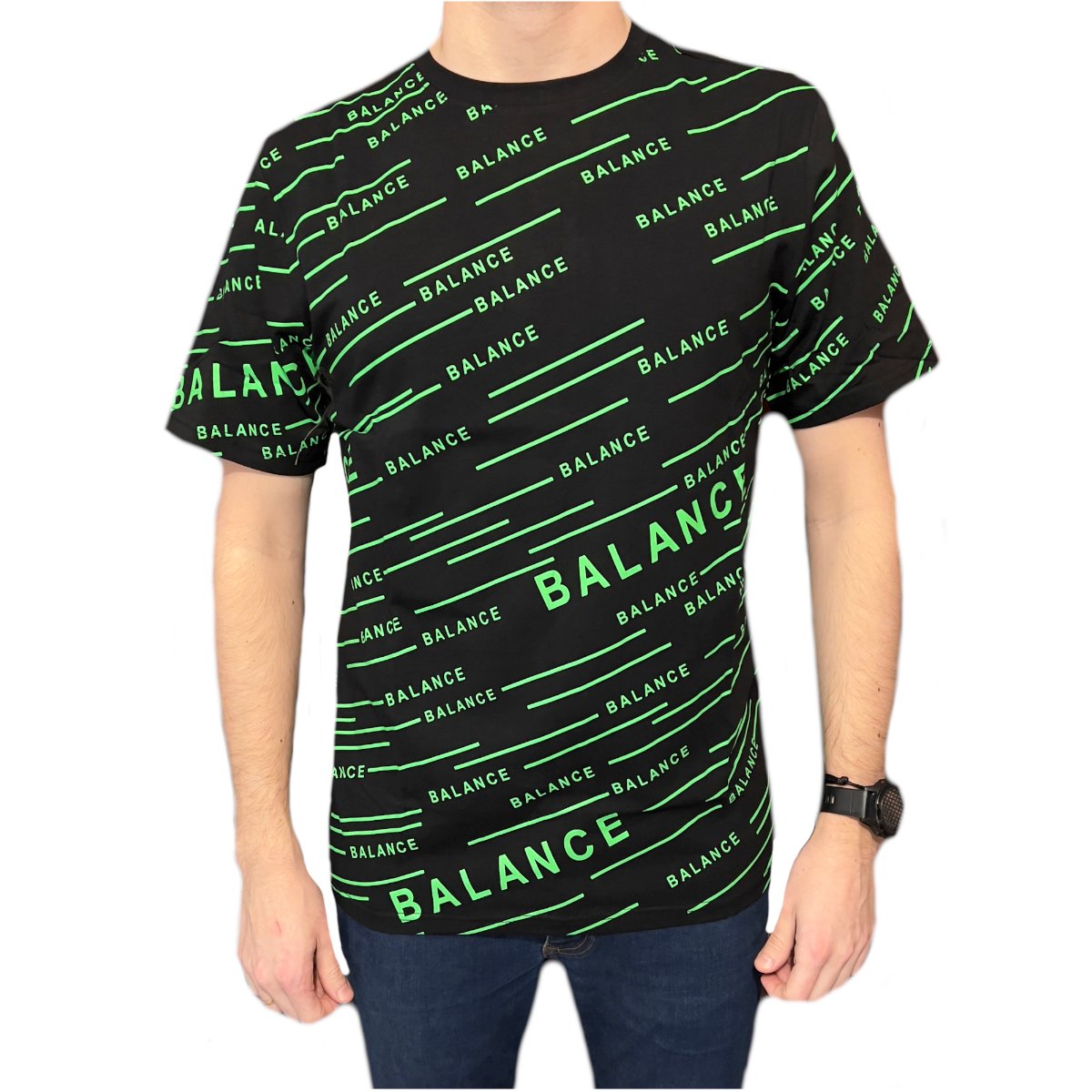 T-shirt męski czarny okrągły dekolt napis zielony balance M