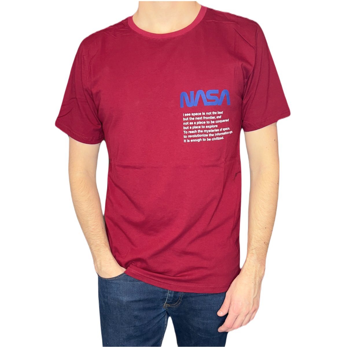 T-shirt męski bordowy okrągły dekolt NASA L