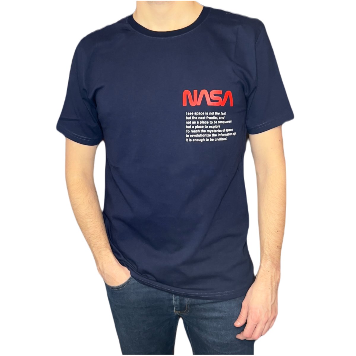 T-shirt męski granatowy okrągły dekolt NASA M