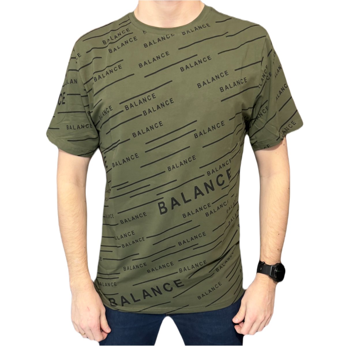 T-shirt męski khaki okrągły dekolt napis czarny balance L