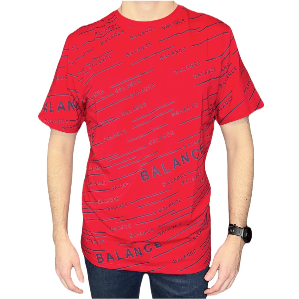 T-shirt męski czerwony okrągły dekolt napis granatowy balance XL