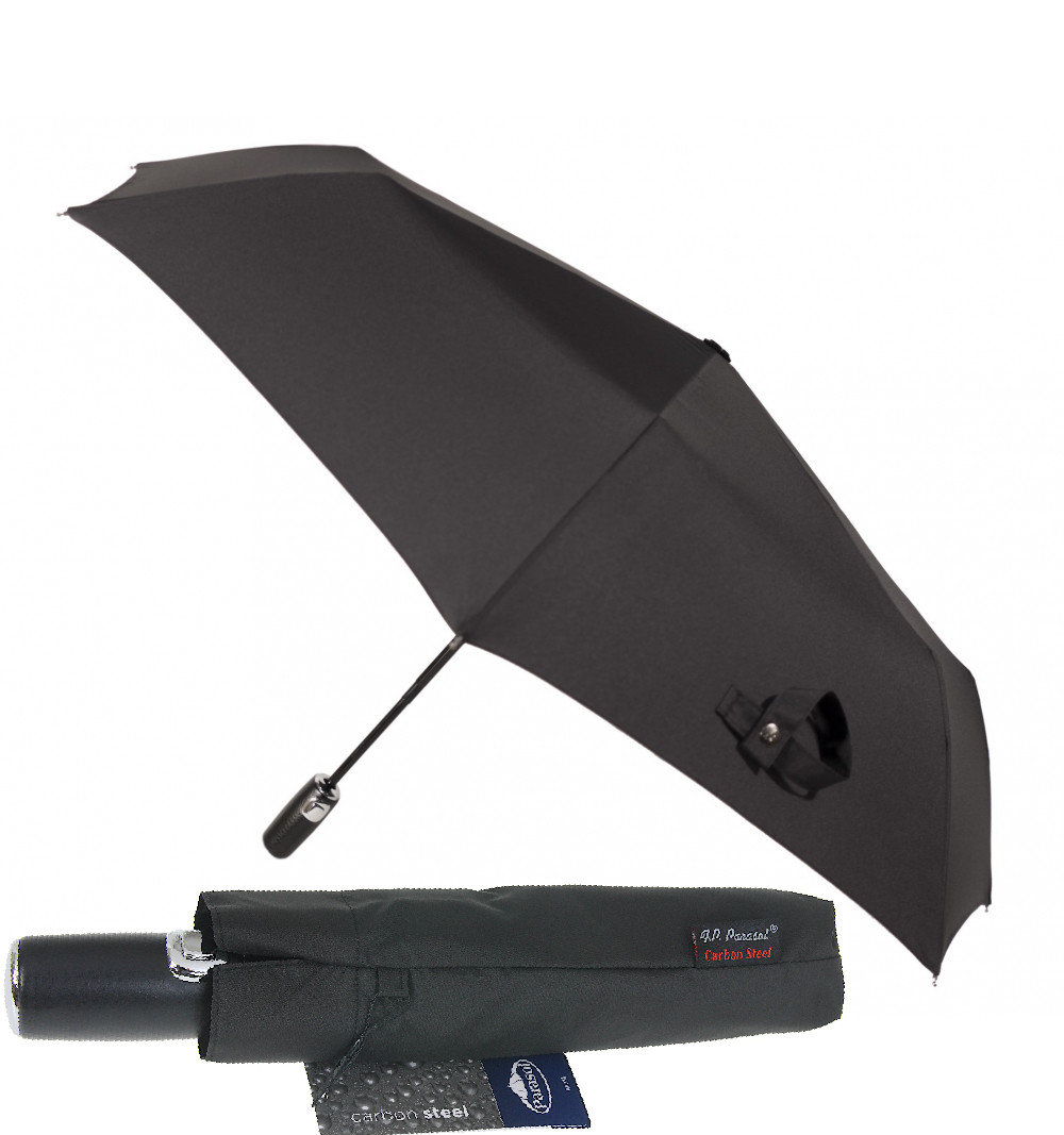 Automatyczna czarna parasolka męska marki Parasol ze skórzaną rączką