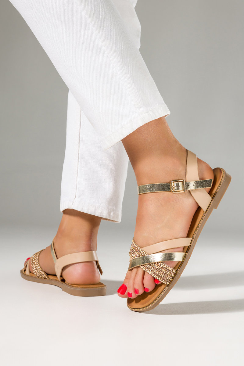 Beżowe sandały damskie na ozdobnej płaskiej podeszwie paski na krzyż Casu K24X15-BE-38