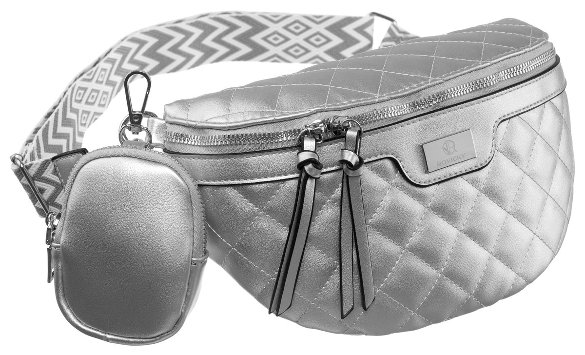 Saszetka damska na pas nerka crossbody listonoszka pikowana z portmonetką na suwak Rovicky, srebrny