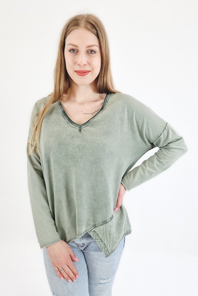 Oliwkowa Dekatyzowana Bluzka Damska z Długim Rękawem UNI