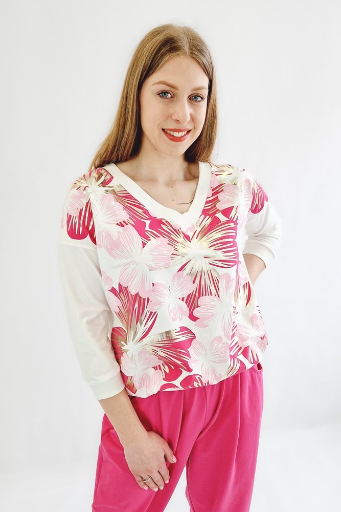 Bluza Damska w Kwiaty Rękaw 3/4 - Biała z Fuksją UNI