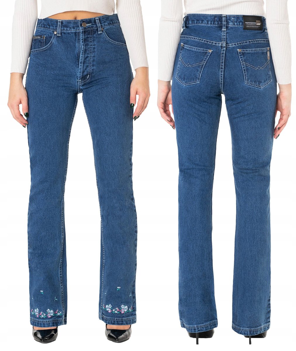 Spodnie Damskie Dzwony Jeansy Kwiaty 10013 W30 L32