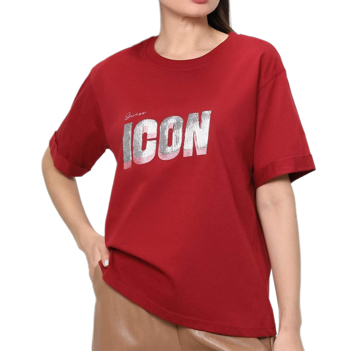 Koszulka damska Guess Iconic t-shirt luźny bordowy-L