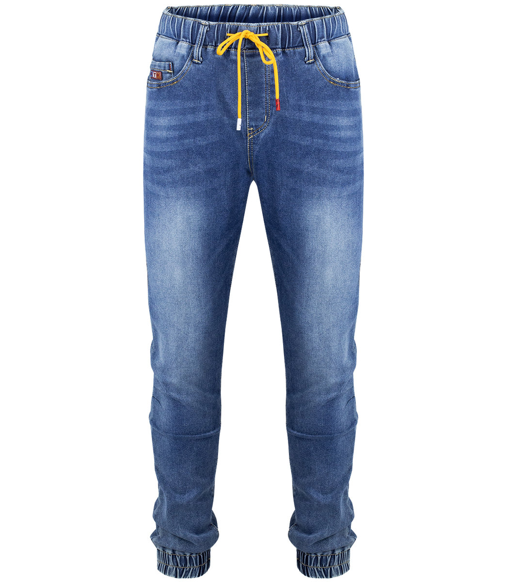 Męskie jeasny spodnie granatowe joggery z wiązaniem-33