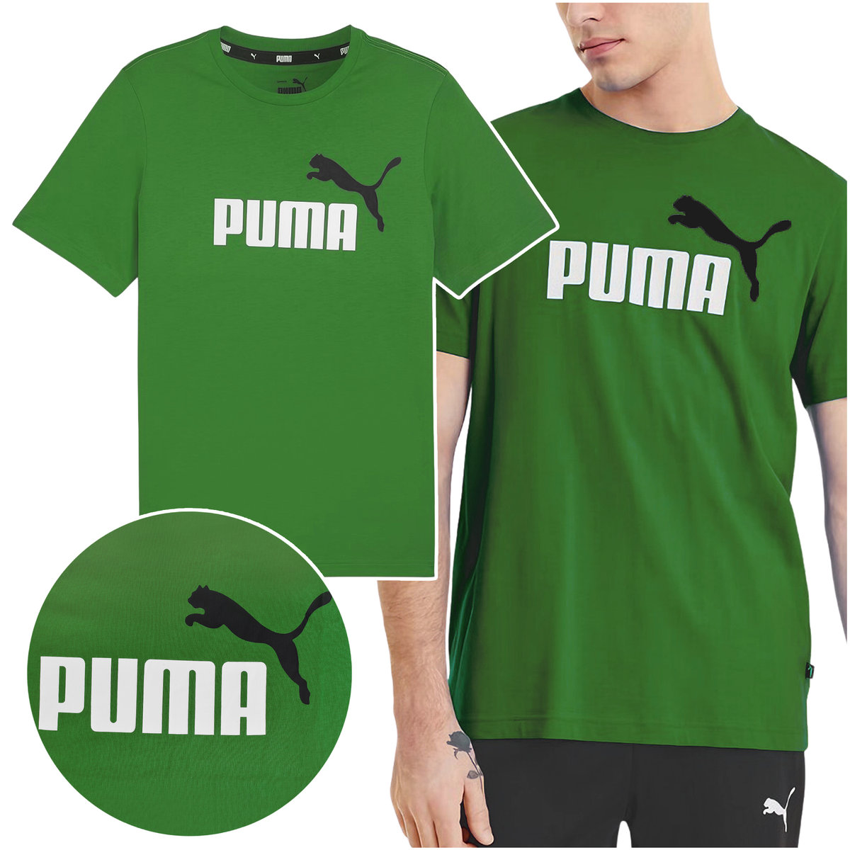 Puma Koszulka Męska Zielona ESS+ Logo Bawełna Rozmiar XL