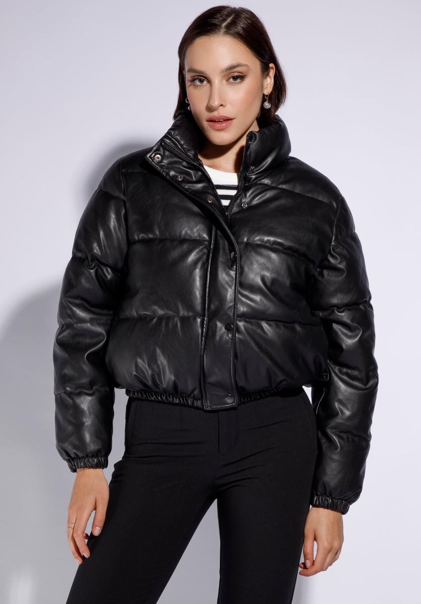 Damska kurtka typu puffer z ekoskóry czarna XXXL