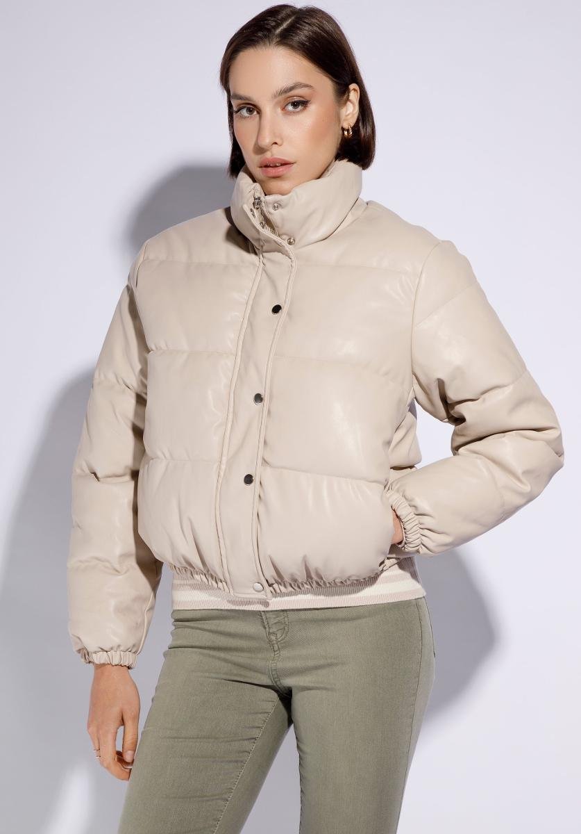 Damska kurtka typu puffer z ekoskóry jasny beż XXXL