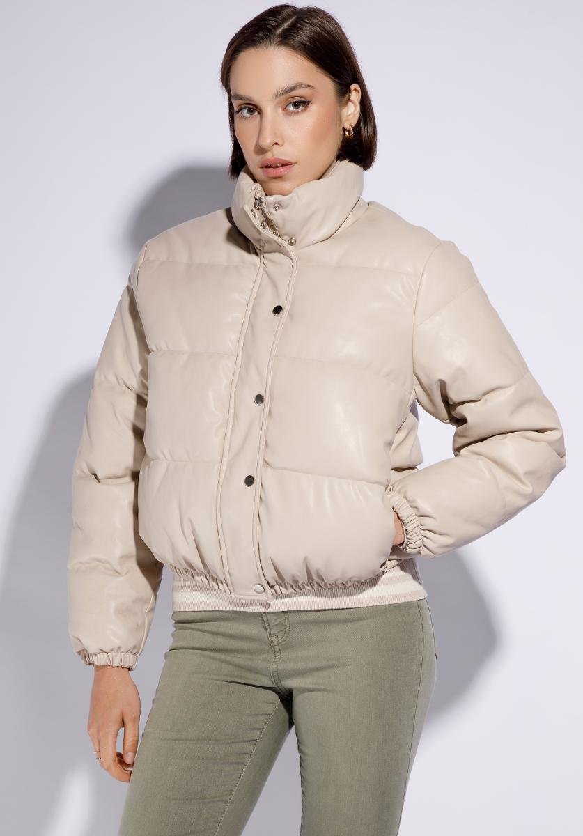 top Damska kurtka typu puffer z ekoskóry jasny beż XL