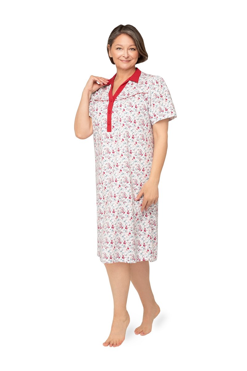 KOSZULA NOCNA DAMSKA M KRÓTKI RĘKAW DŁUGA LUŹNA BAWEŁNIANA KWIATY CZERWONA