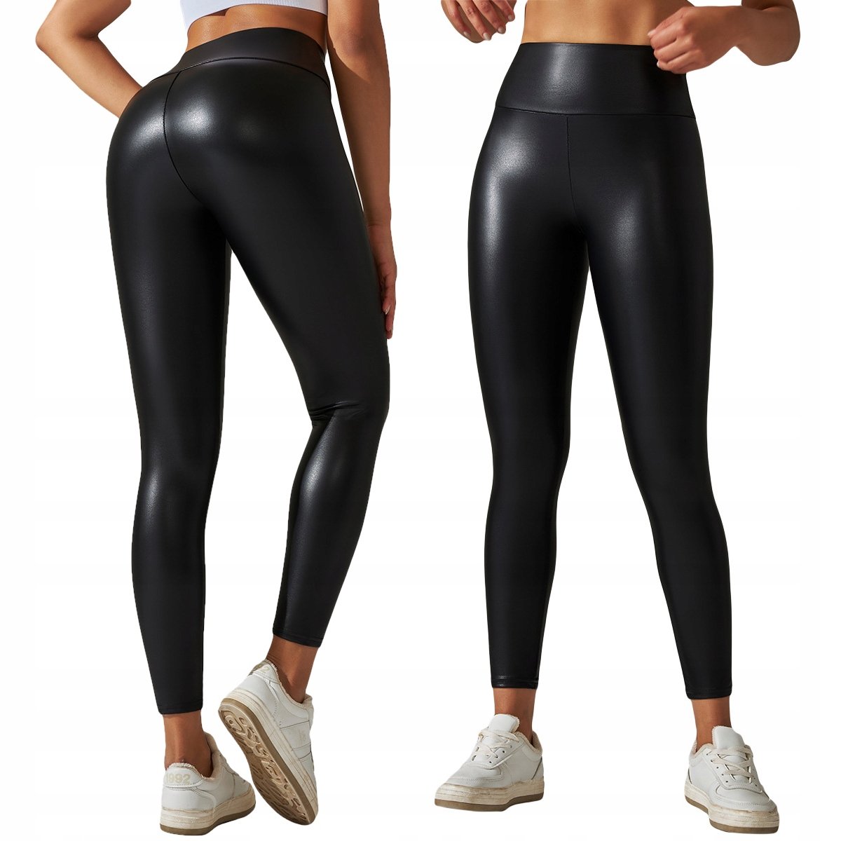Legginsy MODNE Wysoki Stan MODELUJĄCE EKOSKÓRA Elastyczne PUSHUP CZARNE M