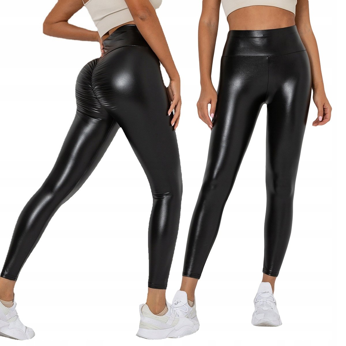 Legginsy MODNE Wysoki Stan MODELUJĄCE EKO SKÓRA z Marszczeniem CZARNE r.XXL