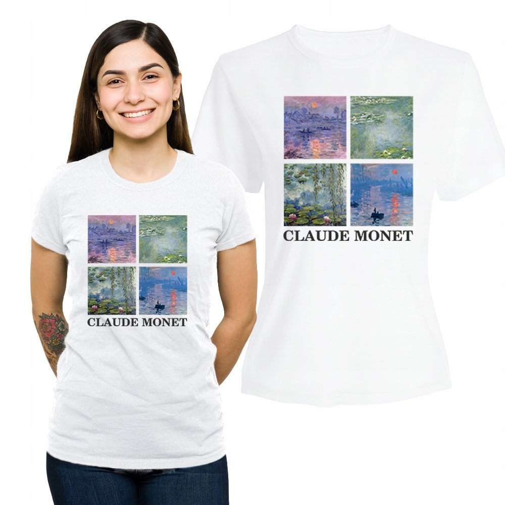 Koszulka Damska Bawełniany Biały T-shirt Prezent Nadruk Claude Monet L