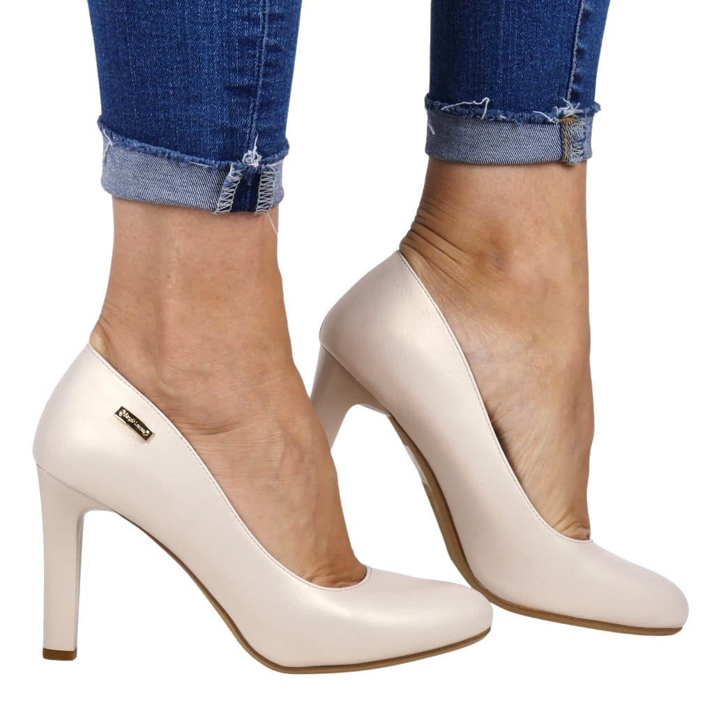 DAMSKIE CZÓŁENKA NA SŁUPKU SZPILKI  OBCASIE SERGIO LEONE 1457 BEŻOWE PERŁOWE