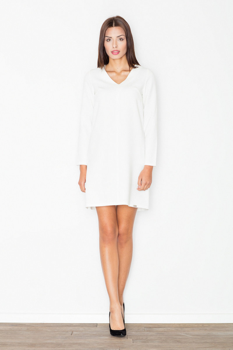 Elegancka SUKIENKA rozkloszowana | dekolt w V | Ecru M