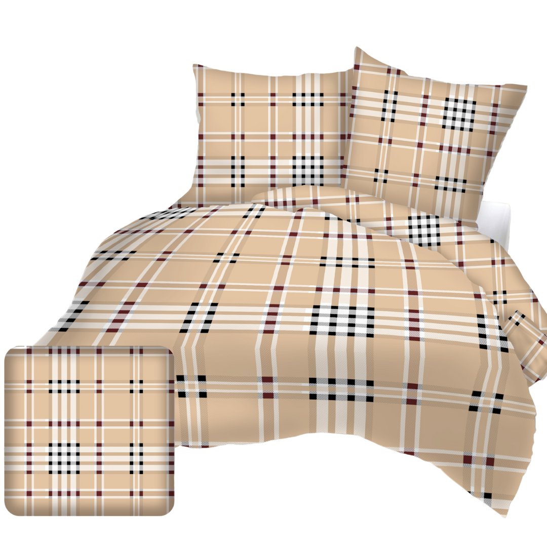 Komplet Pościeli Bawełnianej 160x200 2x70x80 Krata Beż Polski Producent 100% Bawełna