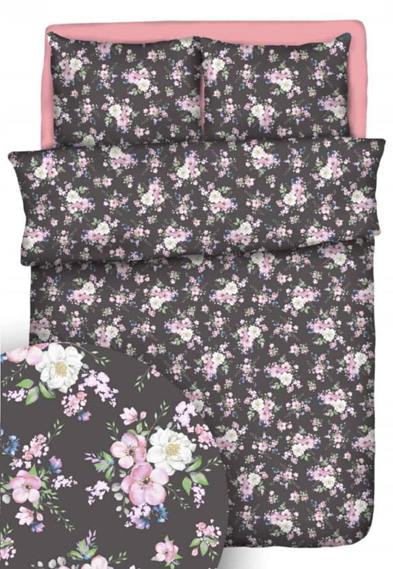 Komplet Pościeli Bawełnianej 160x200 2x70x80 Wiosna-Jabłonka Szara Polski Producent 100% Bawełna