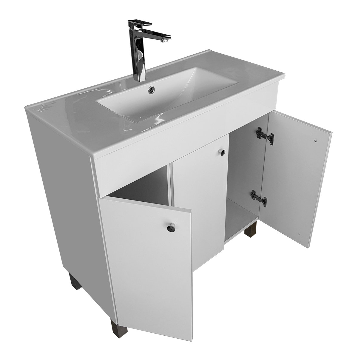 Szafka stojąca łazienkowa z umywalką ceramiczną biała lakierowana drzwi nogi 80x40