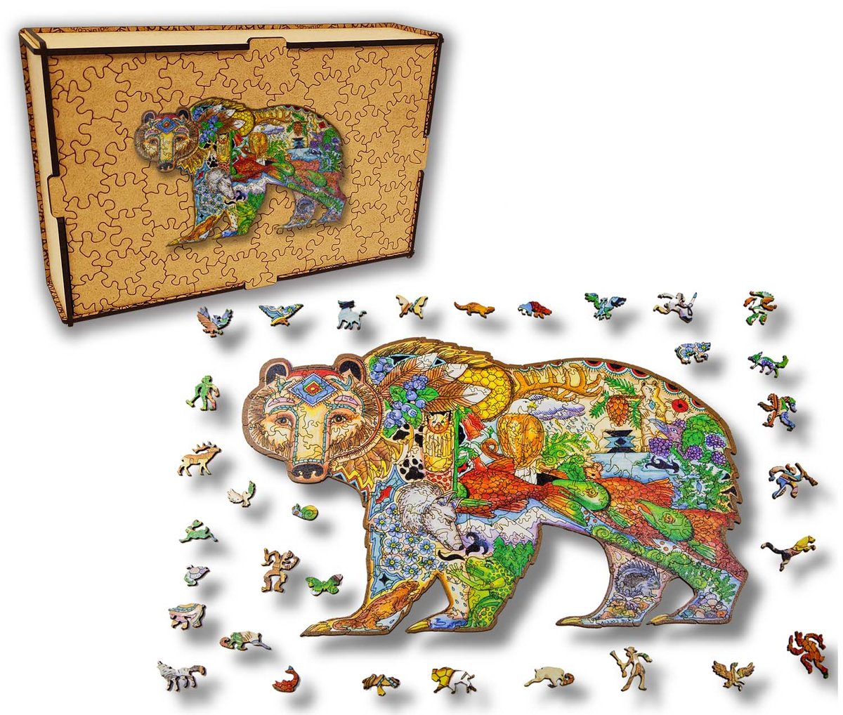 Puzzle Drewniane dla dzieci i dorosłych Niedźwiedź Bear w pudełku drewnianym