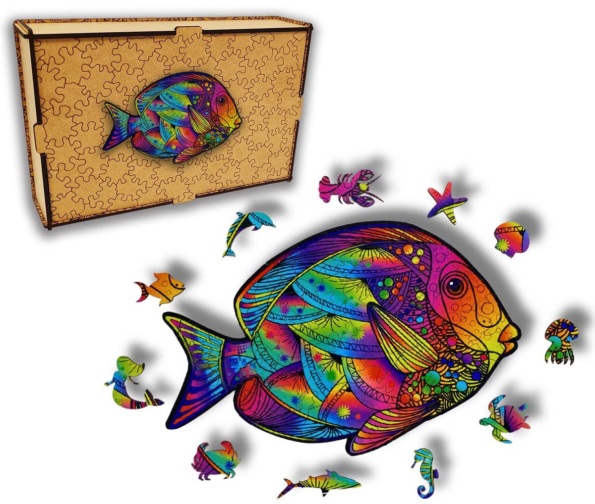 Puzzle Drewniane dla dzieci i dorosłych Ryba Fish w pudełku drewnianym