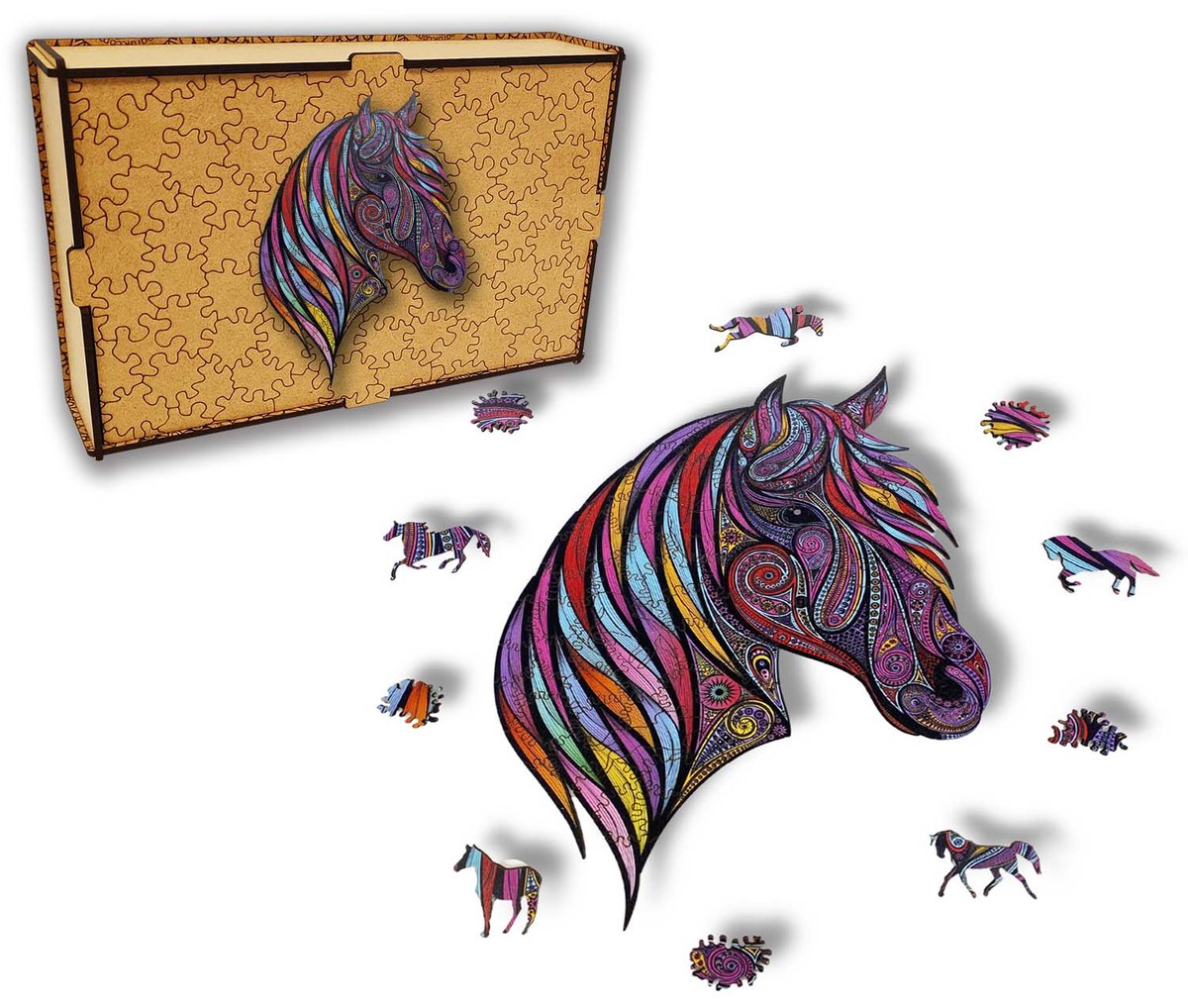 Puzzle Drewniane dla dzieci i dorosłych Koń Horse w pudełku drewnianym  + podkładka