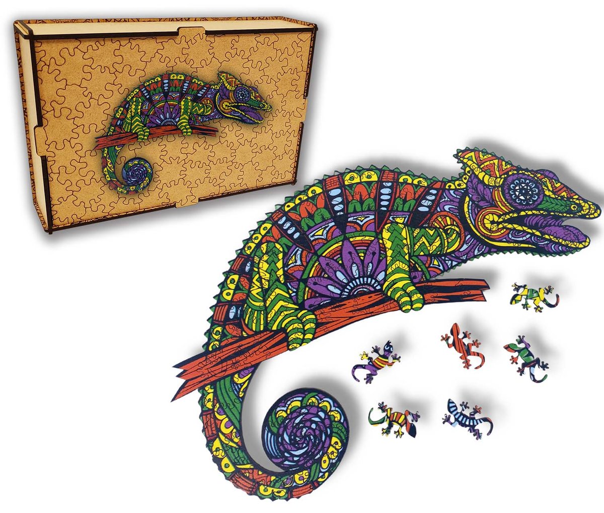 Puzzle Drewniane dla dzieci i dorosłych Kameleon 2 w pudełku drewnianym