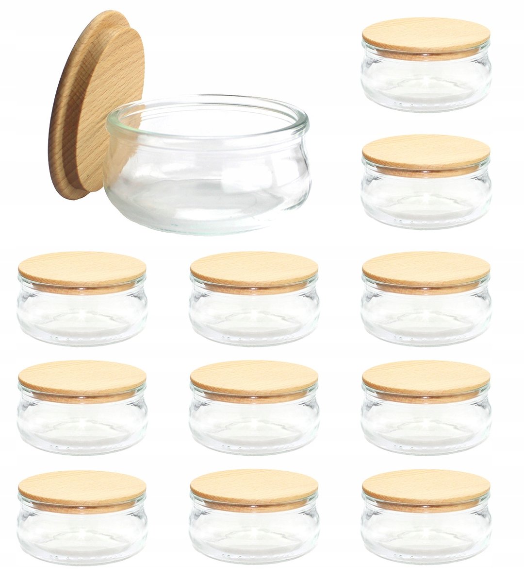 12x Pojemniki na przyprawy eleganckie szkło z drewnianą pokrywką 210 ml