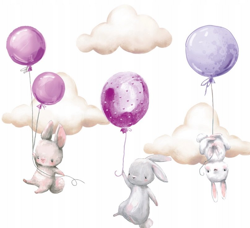 naklejki na ścianę dla dzieci KRÓLICZKI BALONY fioletowe chmurki 50x100cm