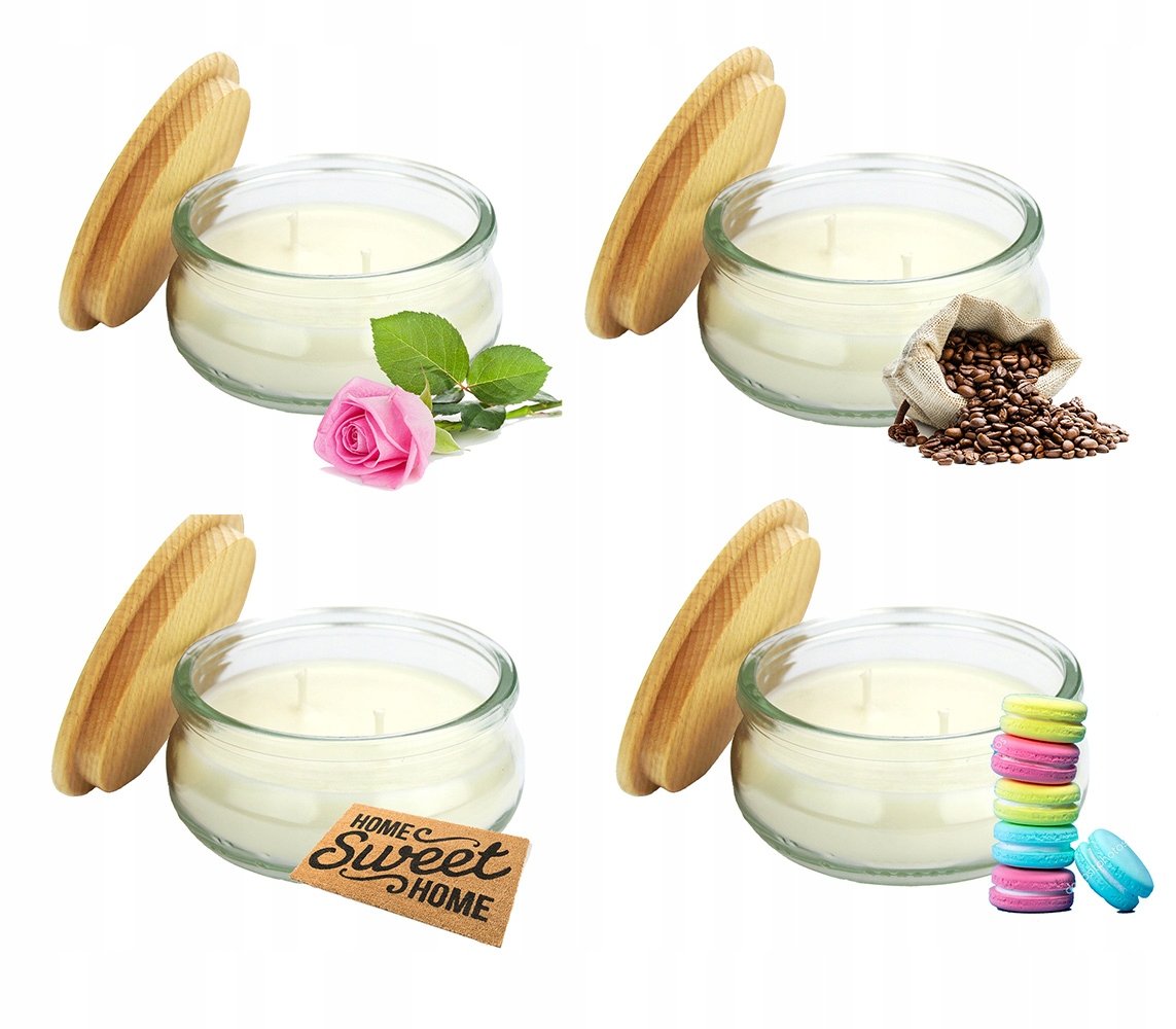 4x Świece sojowe zapachowe z drewnianą pokrywką mix zapachów 210 ml