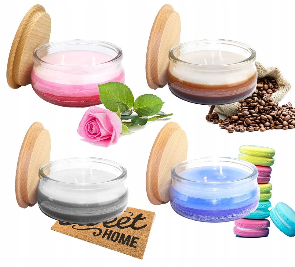 4x Świece zapachowe świeczki z drewnianą pokrywką mix zapachów 210 ml